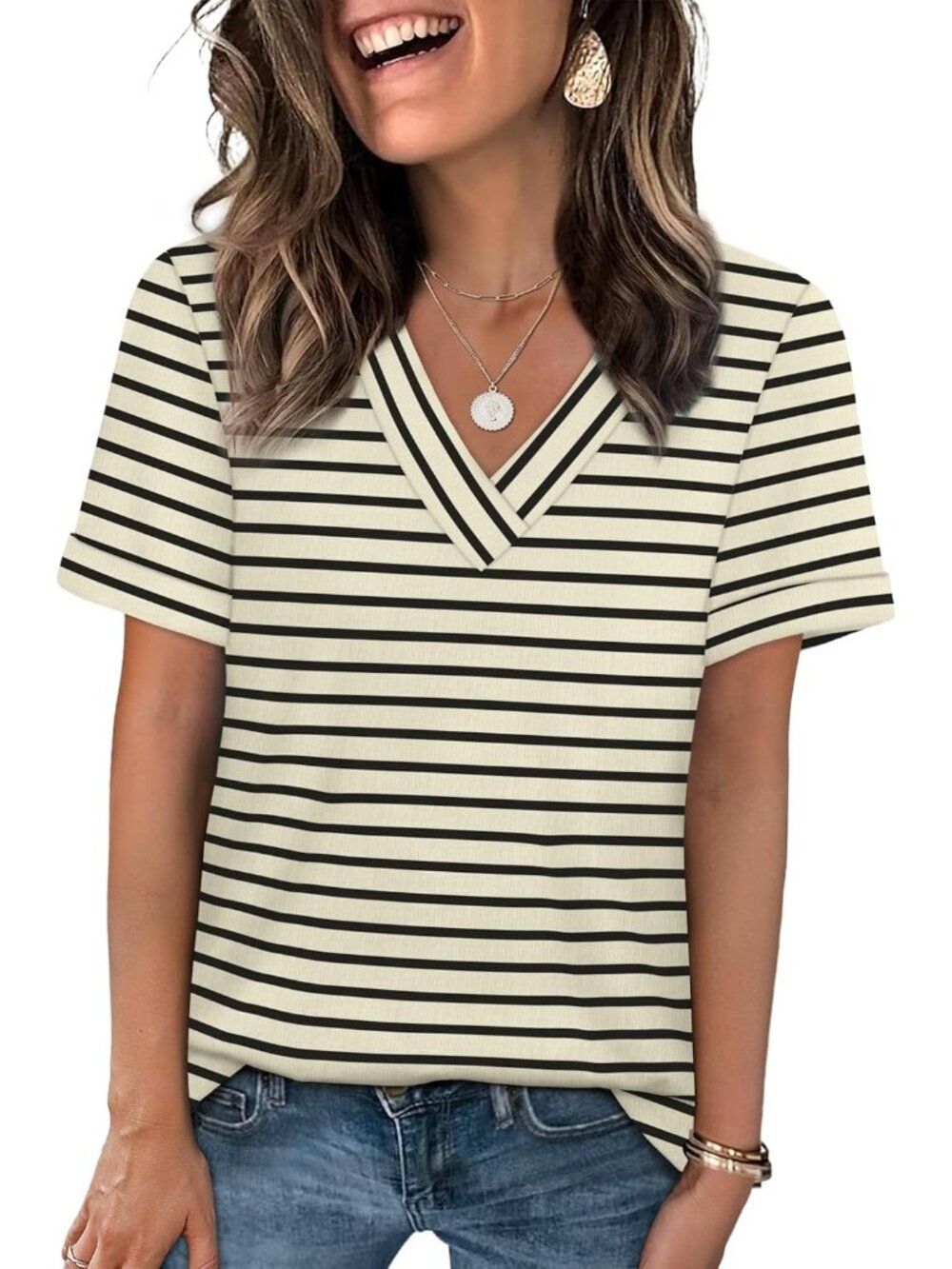 🆕Women's Apricot Stripe Tops Short Sleeve Basic Casual V Neck T Shirts Trendy